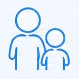 Blue outline icons of two people, one taller and one shorter, on a white background