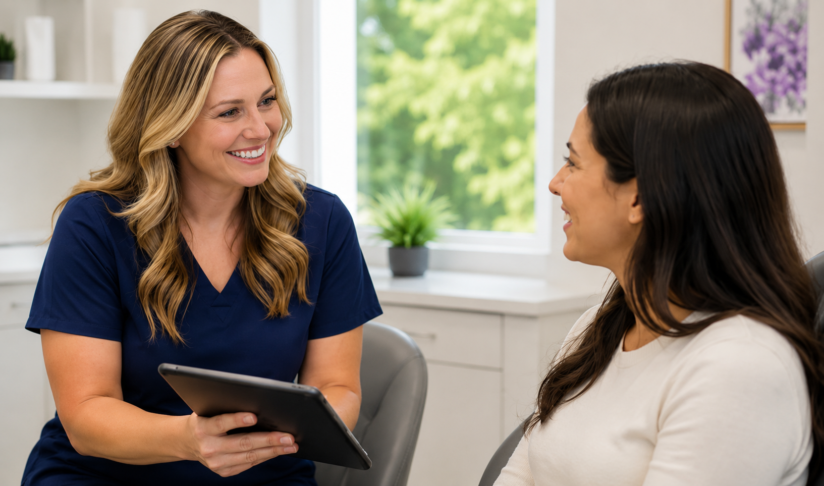 Two women talking in a bright office, one holding a tablet and smiling.