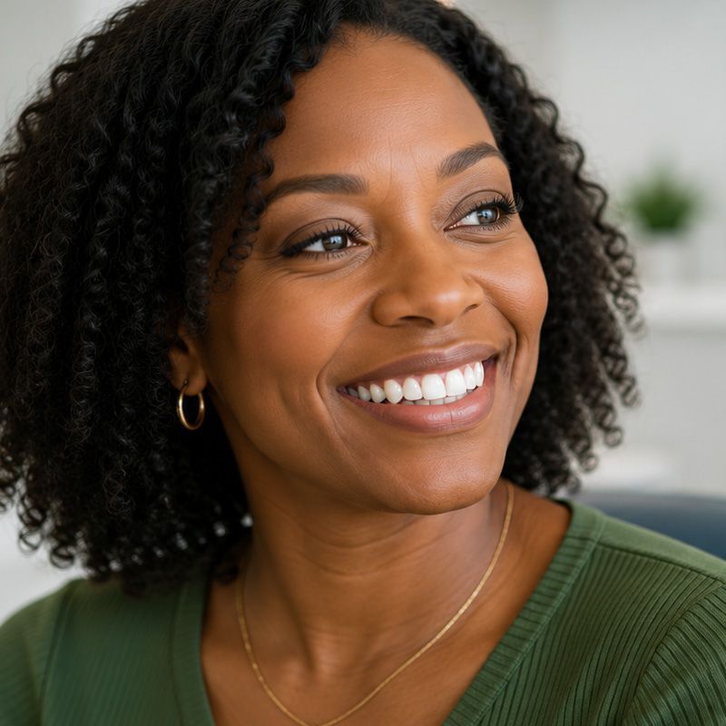 Smiling person in a green sweater with gold jewelry, looking to the side against a soft indoor background