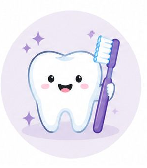 Cute smiling tooth with a purple toothbrush and sparkles on a lavender background