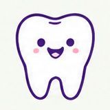 Cute smiling tooth icon with purple outline, pink cheeks, and dark eyes on a white background