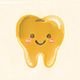 Cute smiling yellow cartoon tooth with rosy cheeks and tiny legs on a light background