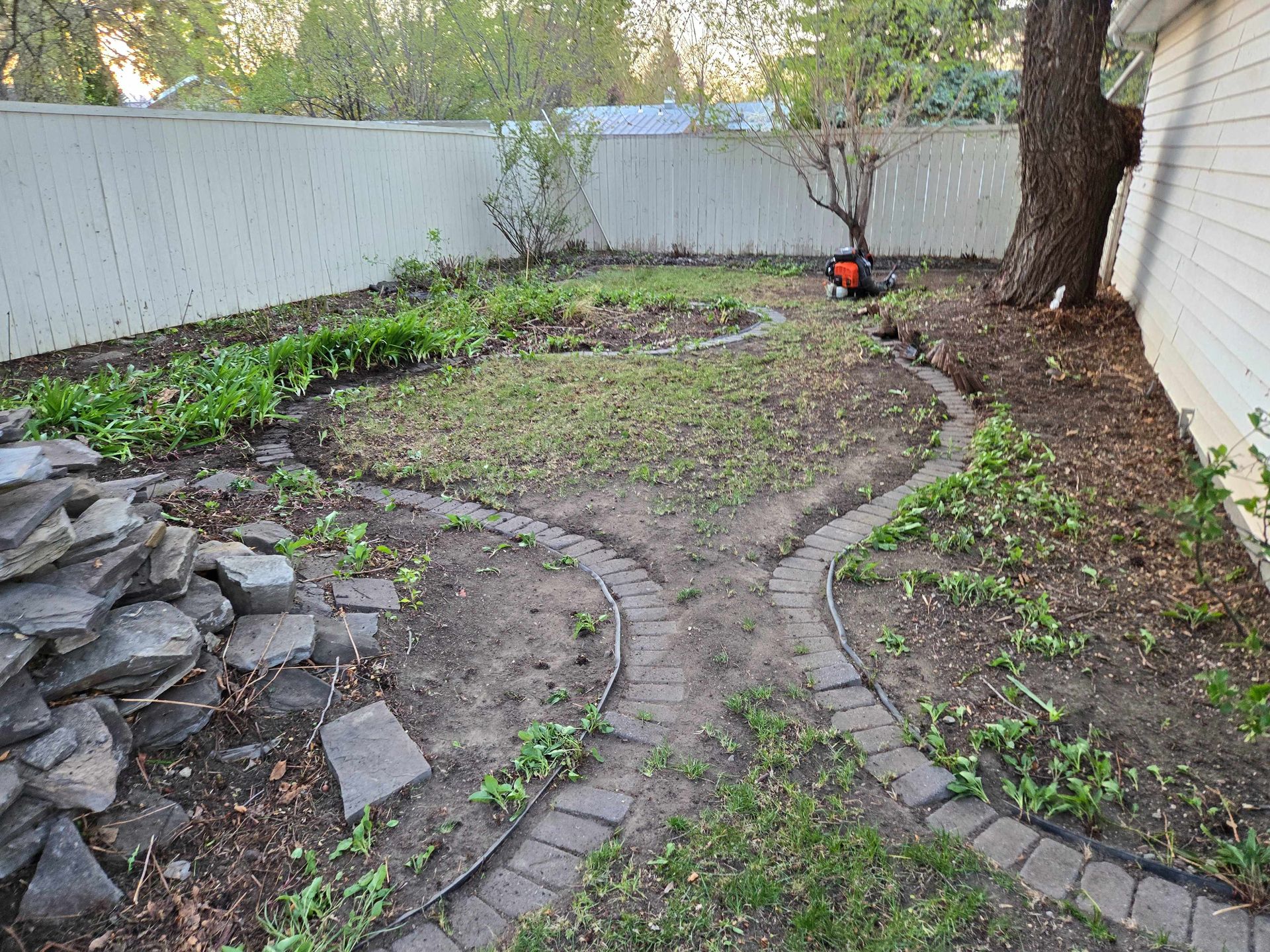 A backyard garden with curved brick borders separating a central grassy area from soil beds and a pile of decorative rocks.