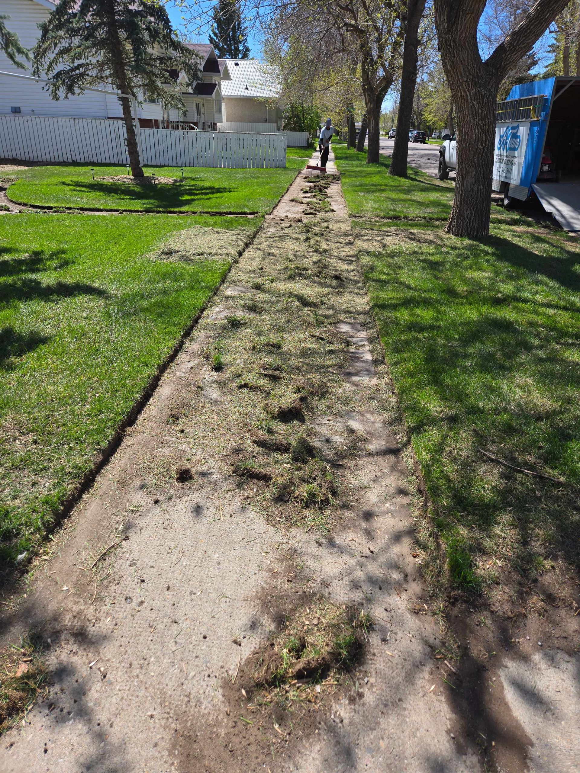 A sidewalk covered in grass clippings and debris after edging along a green lawn in a residential neighborhood.