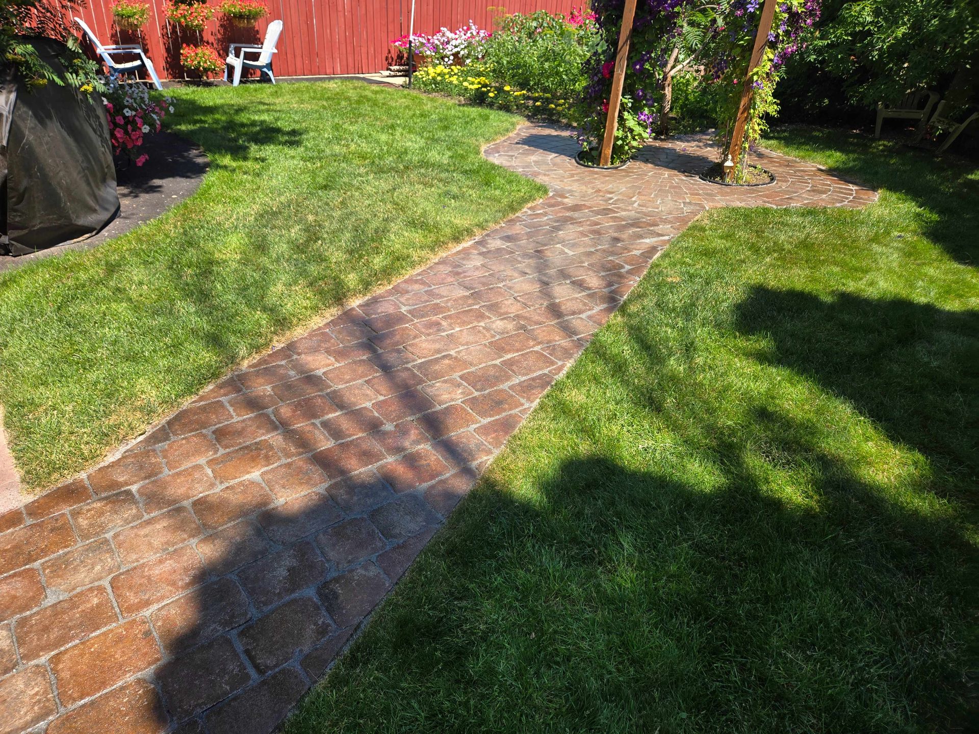 A paved brick walkway leads through a lush green lawn toward a wooden arbor in a sunny backyard garden.
