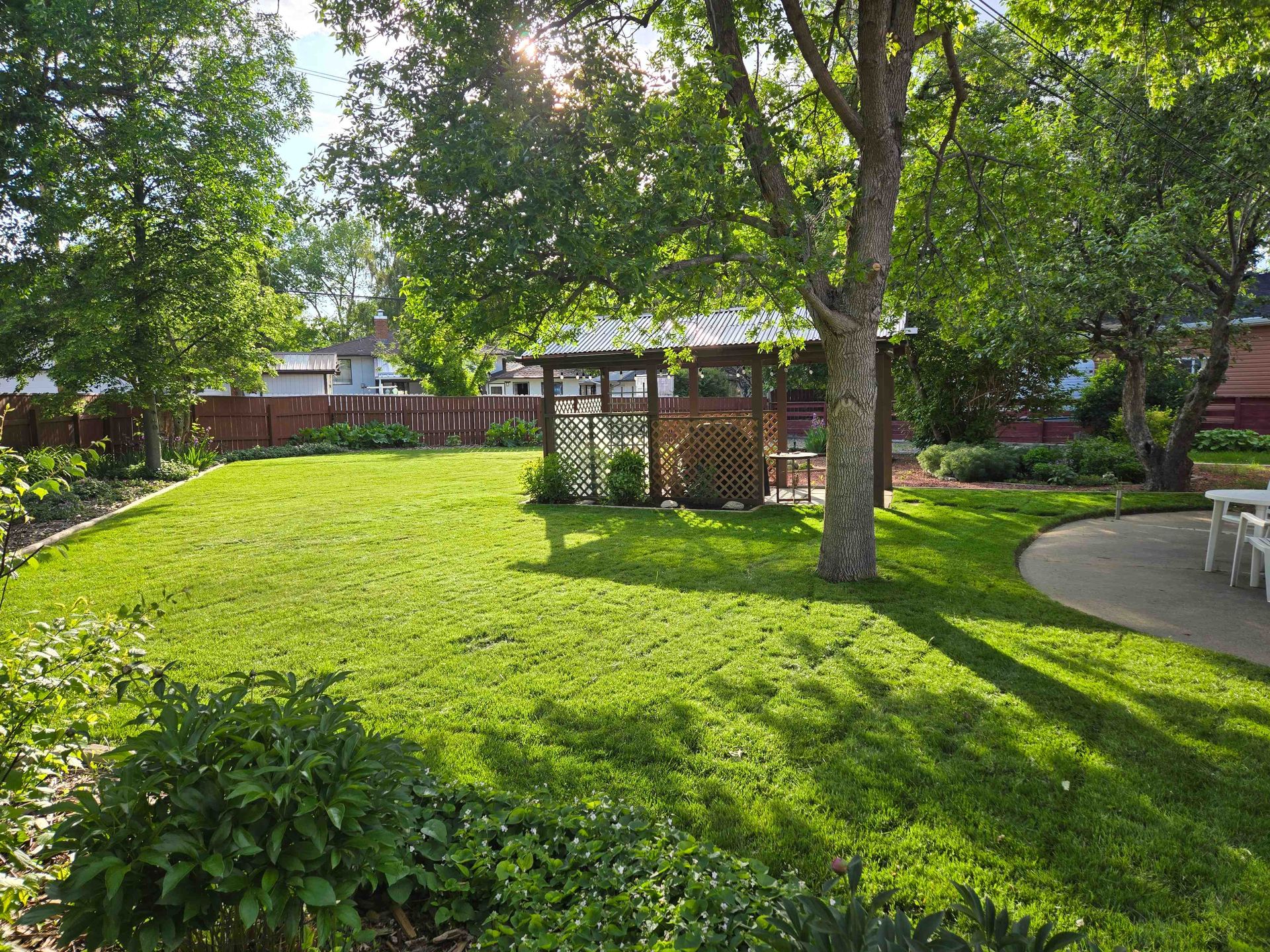 A sunlit backyard garden with a green lawn, a wooden gazebo, mature trees, and a concrete patio area.