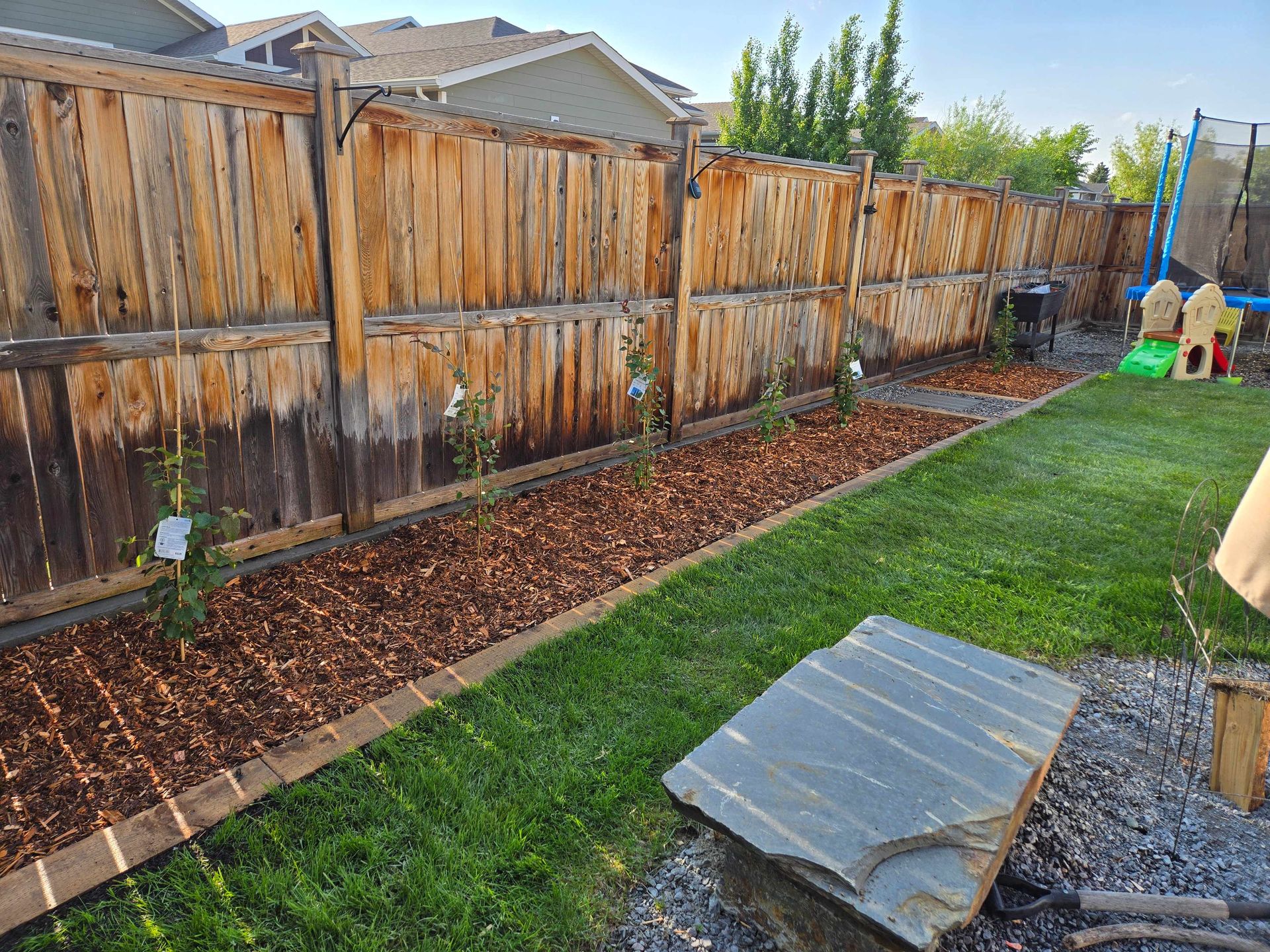 Backyard with weathered wooden fence, mulch bed, grass, and a covered object on gravel.
