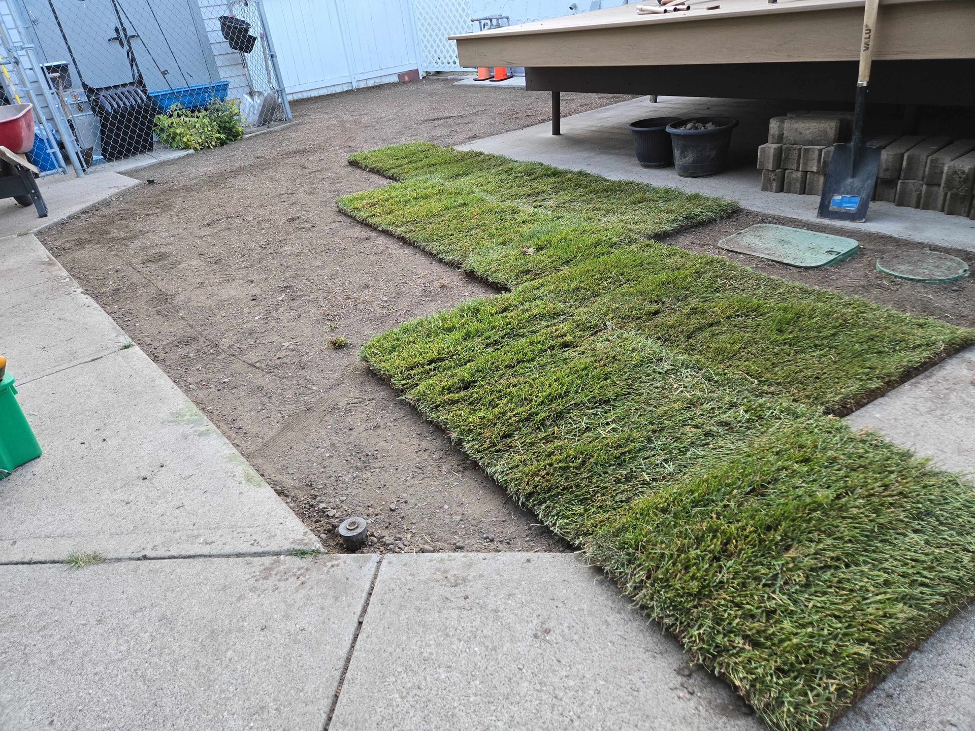 Fresh sod pieces laid out on dirt ground next to a patio, a deck, and a shovel, in a residential backyard.