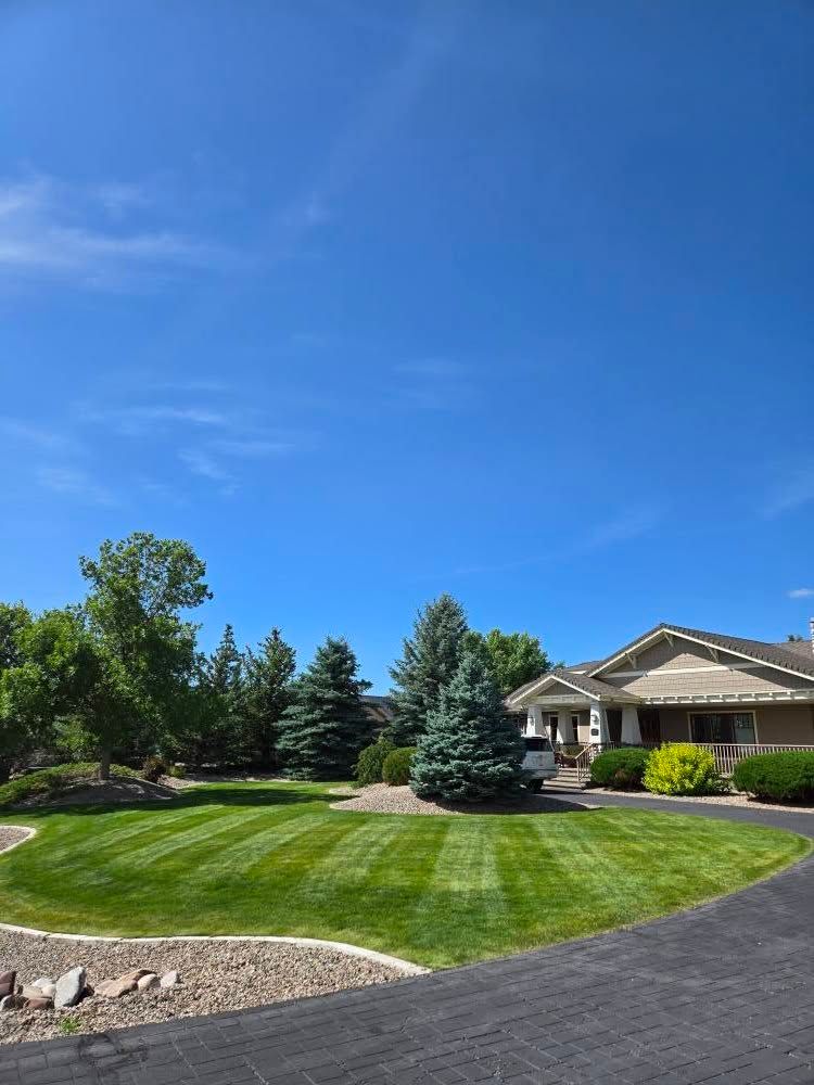 A house with a large, neatly mowed lawn.