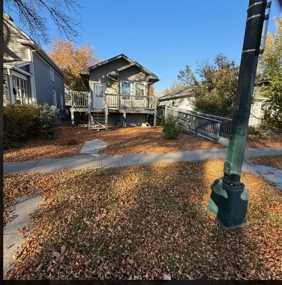 Leaf-covered yard with a small house, walkway, and a green lamppost under a clear blue sky.