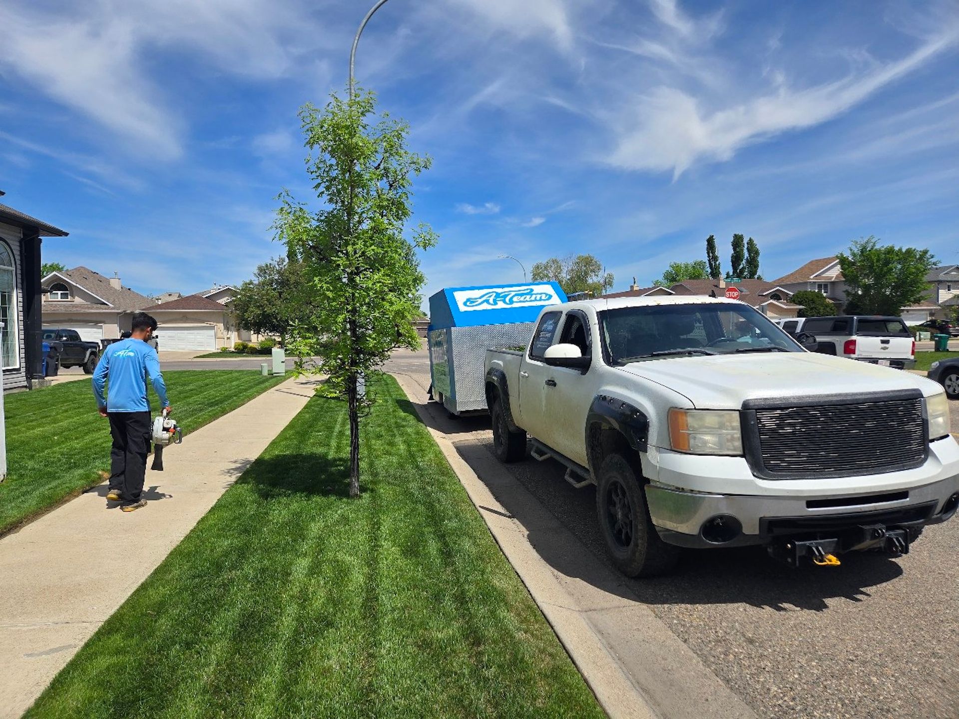 A person walks a dog on a sidewalk near a white truck towing a blue and silver trailer on a sunny residential street.