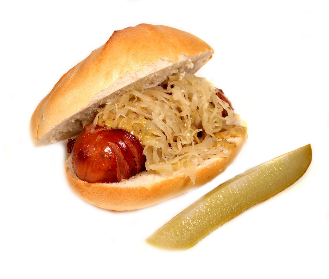 Smoked Brat on a Bun w/ Sauerkraut & Mustard