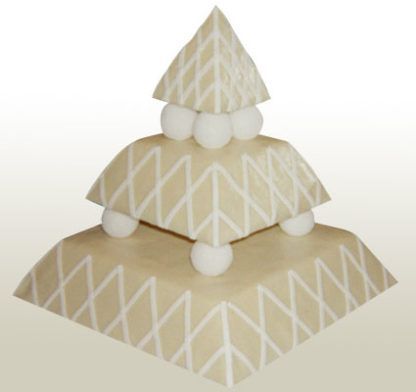 Three-tiered beige and white decorative object resembling a Christmas tree, with white ball accents and a triangular top.