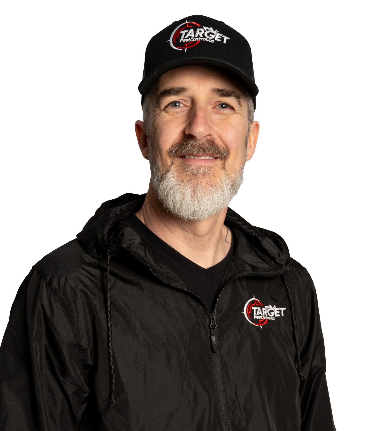 a man wearing a hat that says target pest control on it