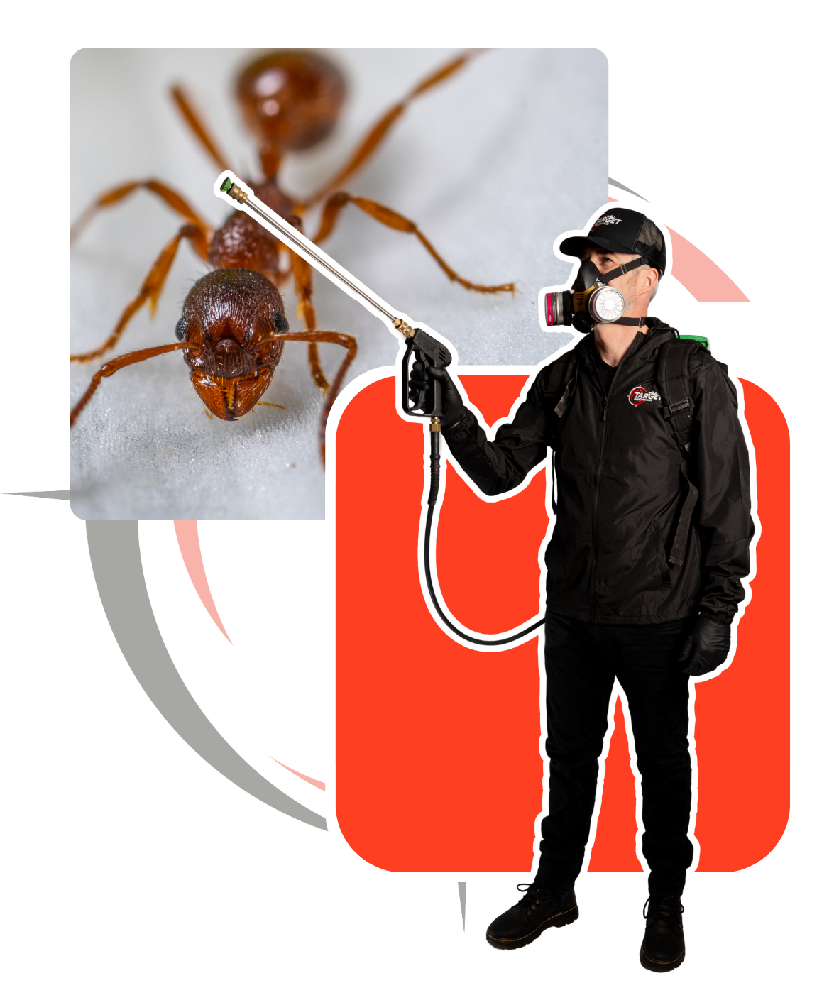 a man wearing a gas mask spraying an ant with a sprayer