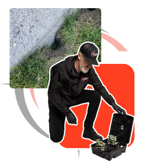 a man is kneeling in front of a pile of mulch ant nest.
