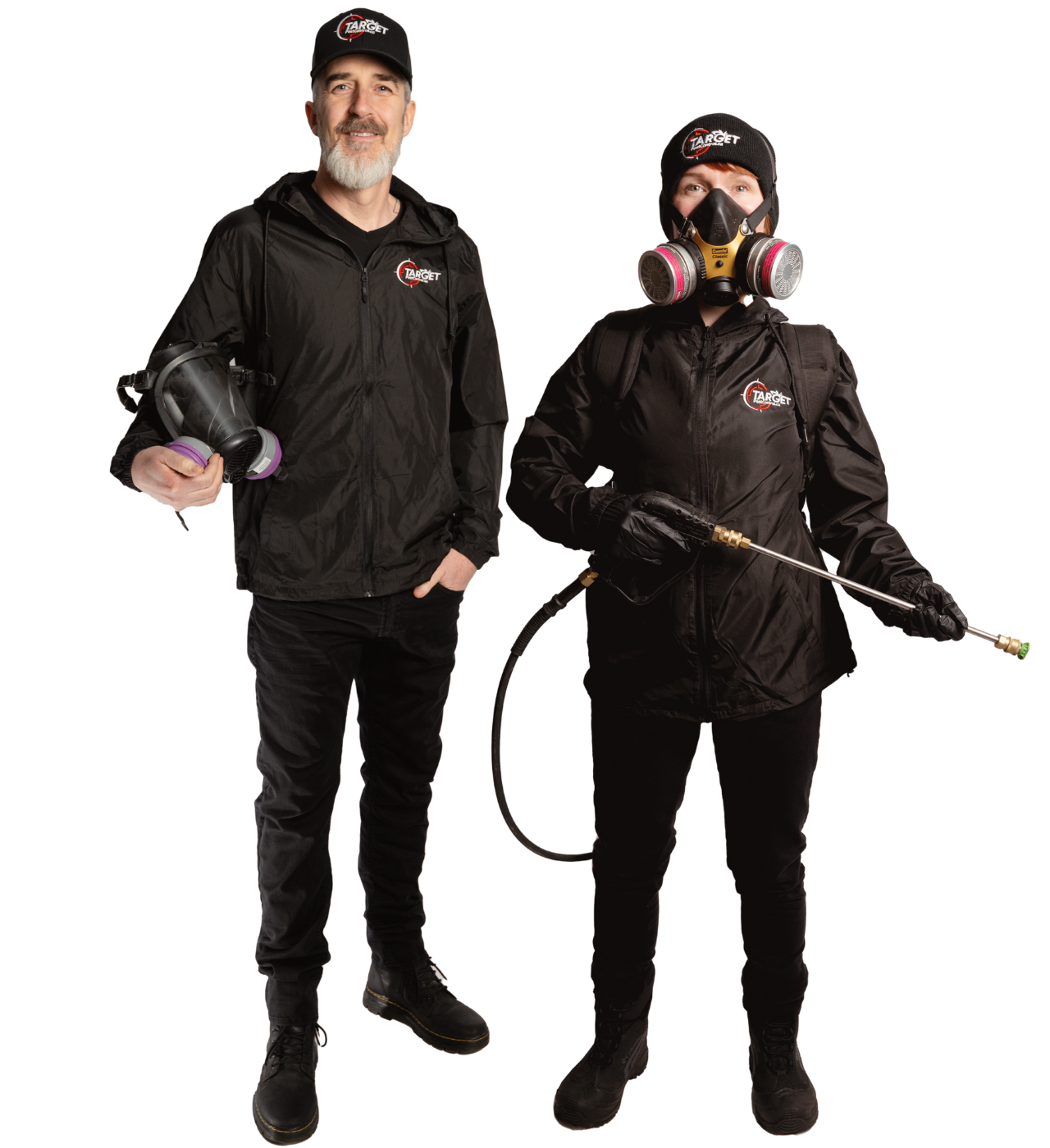 a man wearing a mask and gloves is spraying something with a sprayer .