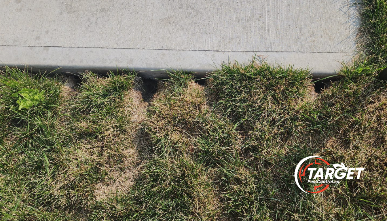 An aerial view of a grassy area with vole damage