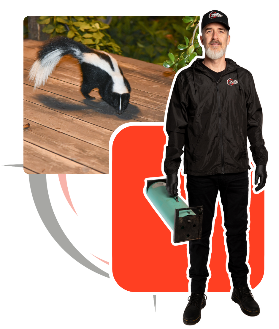 A man standing next to a picture of a skunk