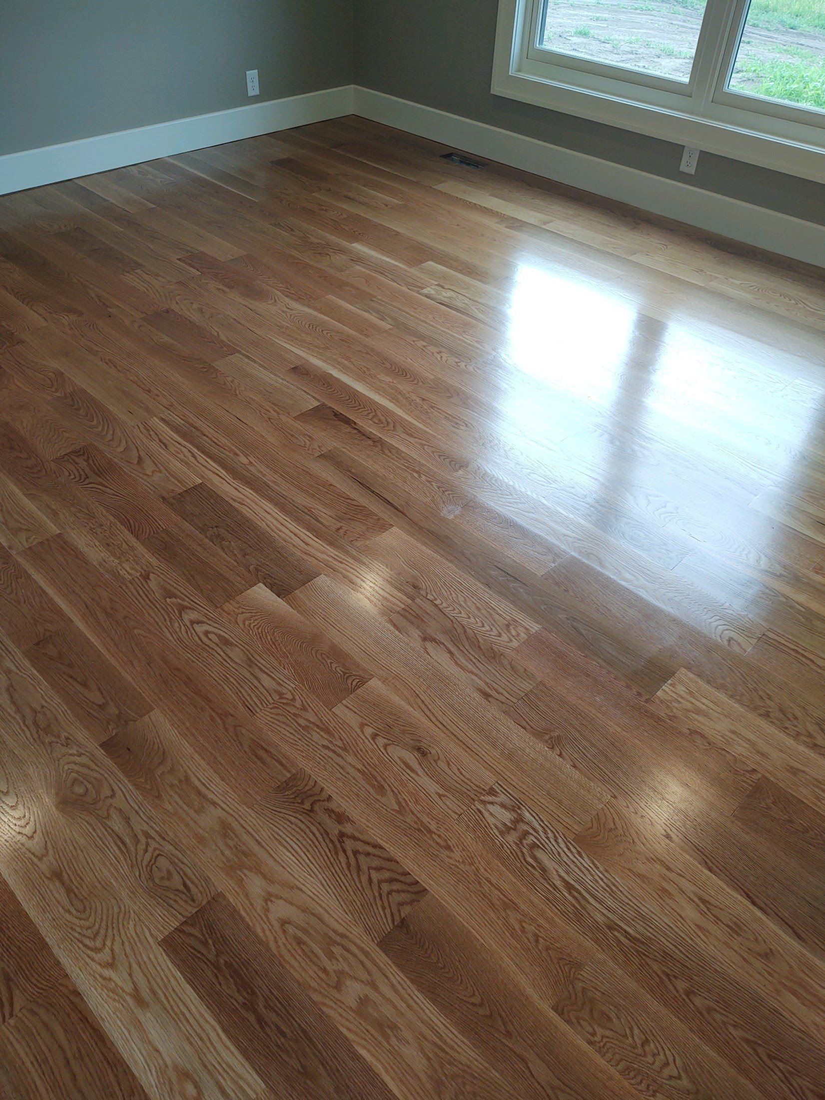 Empty room with polished wooden floor and sunlight reflecting near a window