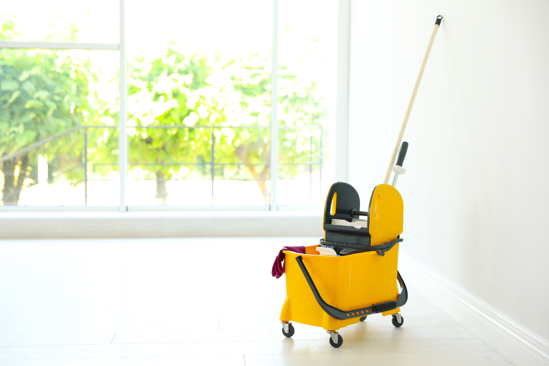Yellow cleaning cart with mop, inside a bright room with large window overlooking trees.