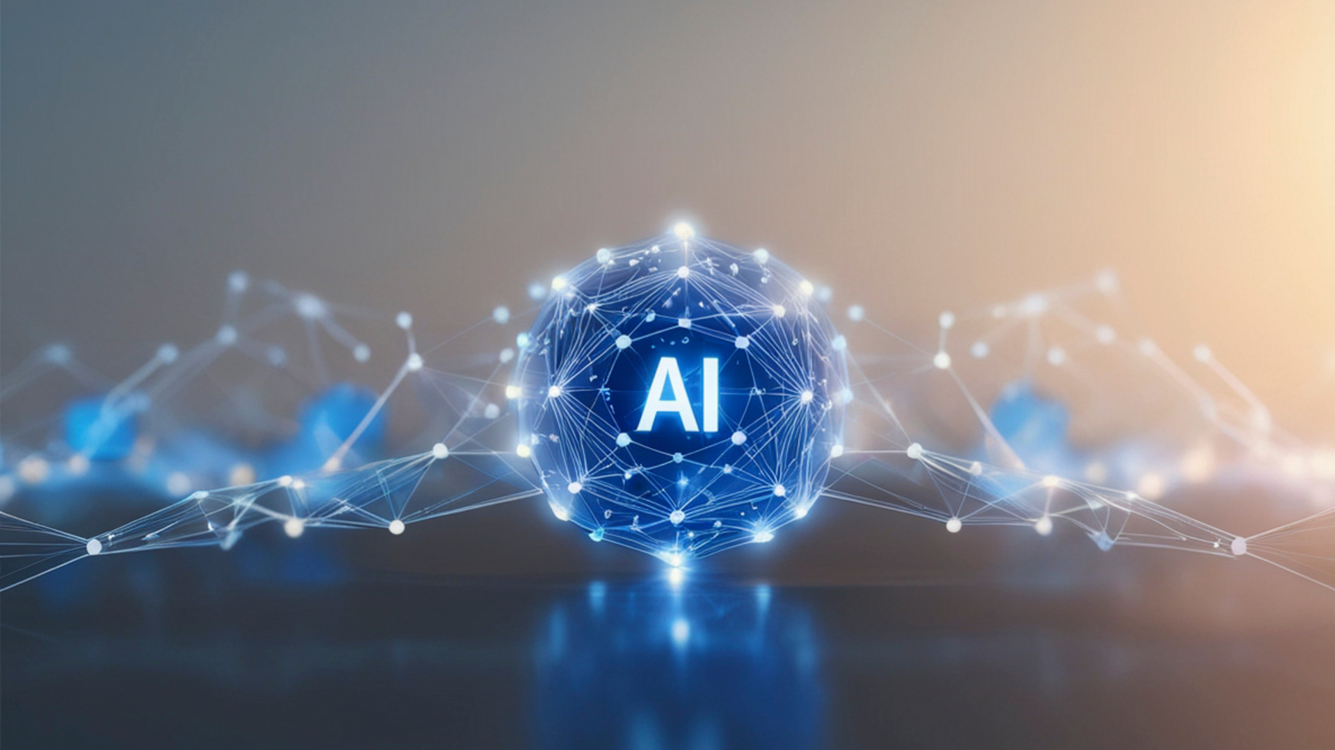 Blue glowing AI sphere surrounded by interconnected lines and dots against a blurred background.