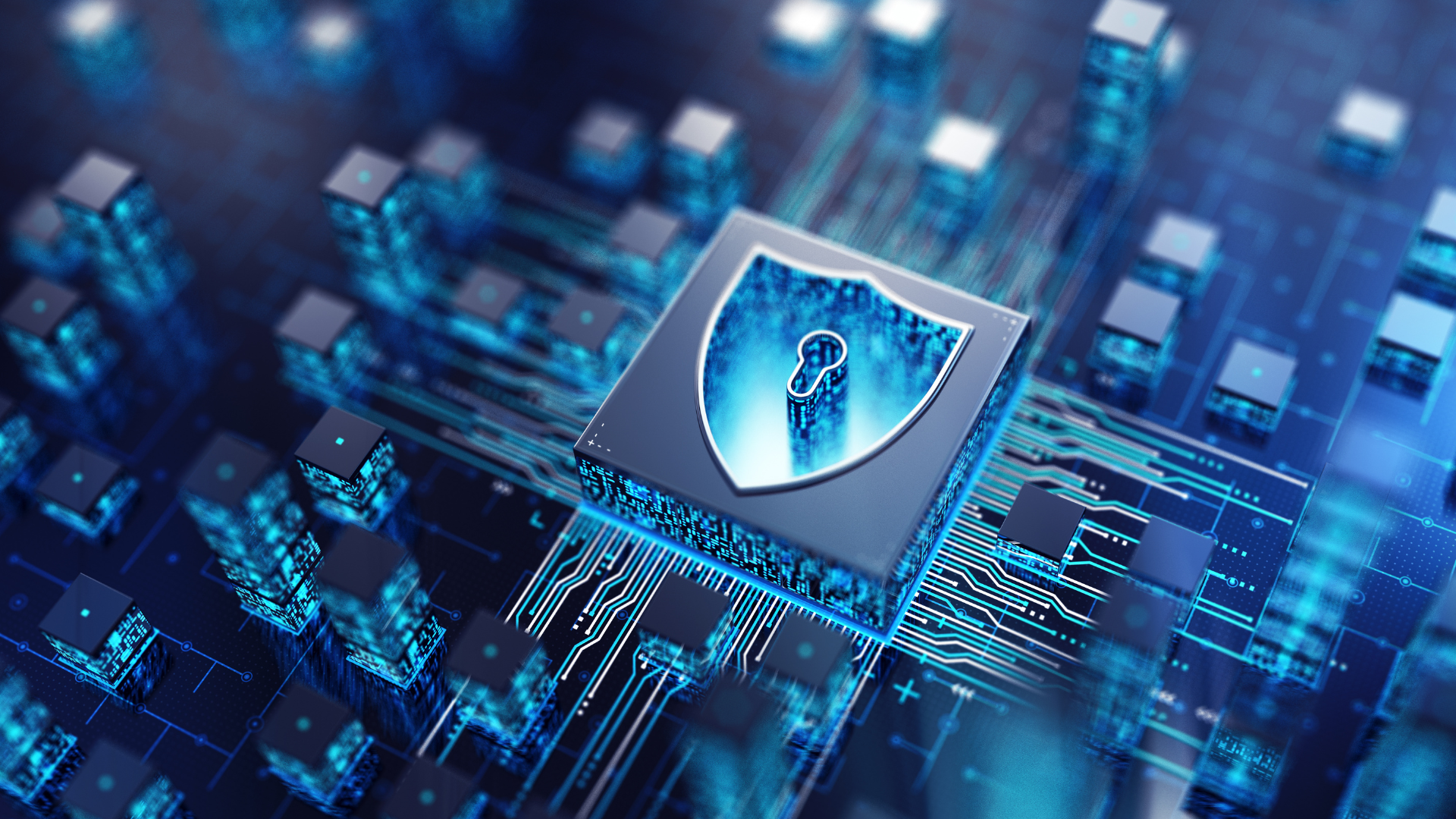 Shield with lock icon on a microchip, surrounded by digital circuits, blue and gray hues.