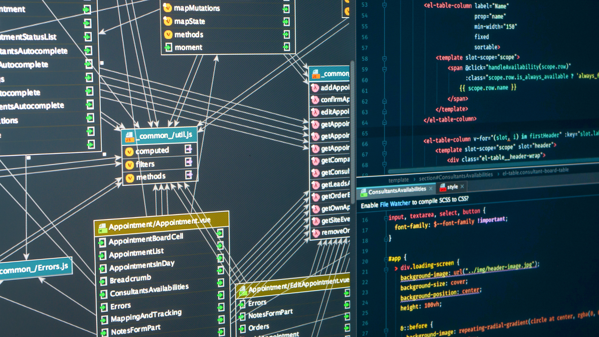 Computer screen displaying database diagrams and code, lines and blocks of text, dark background.