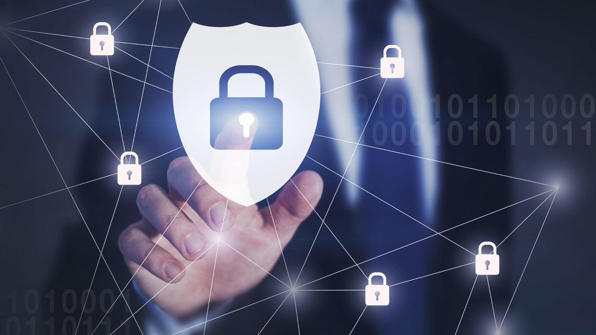 Man pointing to a security shield with a padlock, connected to other padlocks by lines, with binary code background.