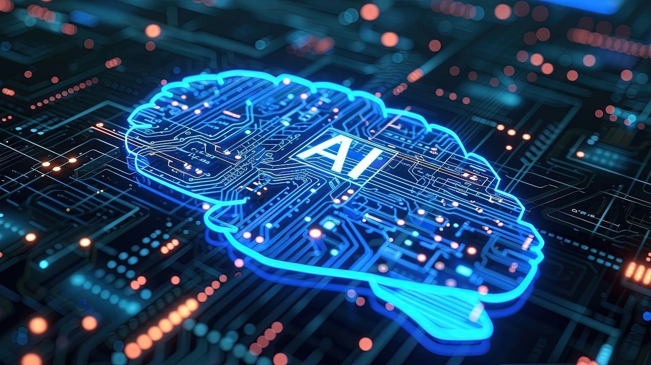 Blue circuit board shaped like a brain with 