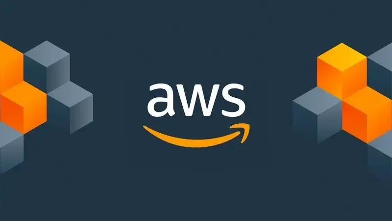 AWS logo with orange and gray geometric shapes on a dark gray background.