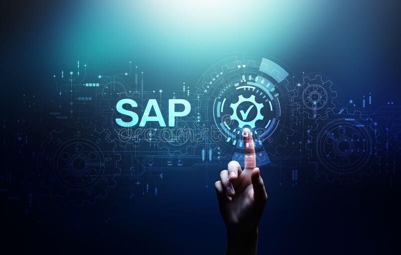 Hand pointing at a digital SAP logo with a gear and checkmark on a blue background.
