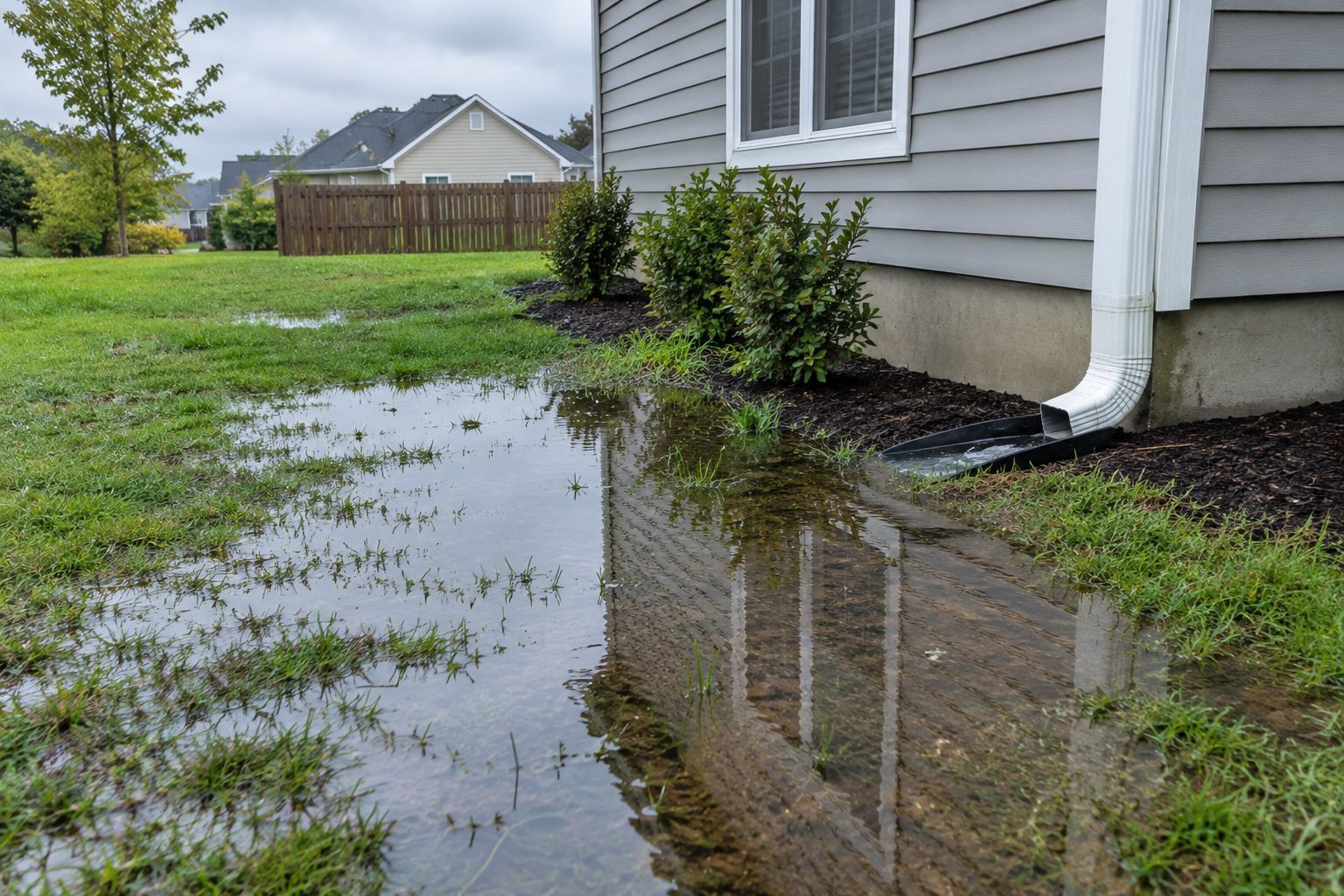 Flooded yard beside a house with standing water and a downspout draining near the foundation