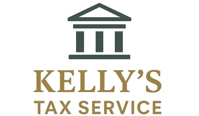 Logo for Kelly's Tax Service: Green stylized building over gold text, "Kelly's Tax Service".
