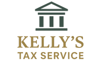 Logo for Kelly's Tax Service: Green stylized building over gold text, "Kelly's Tax Service".