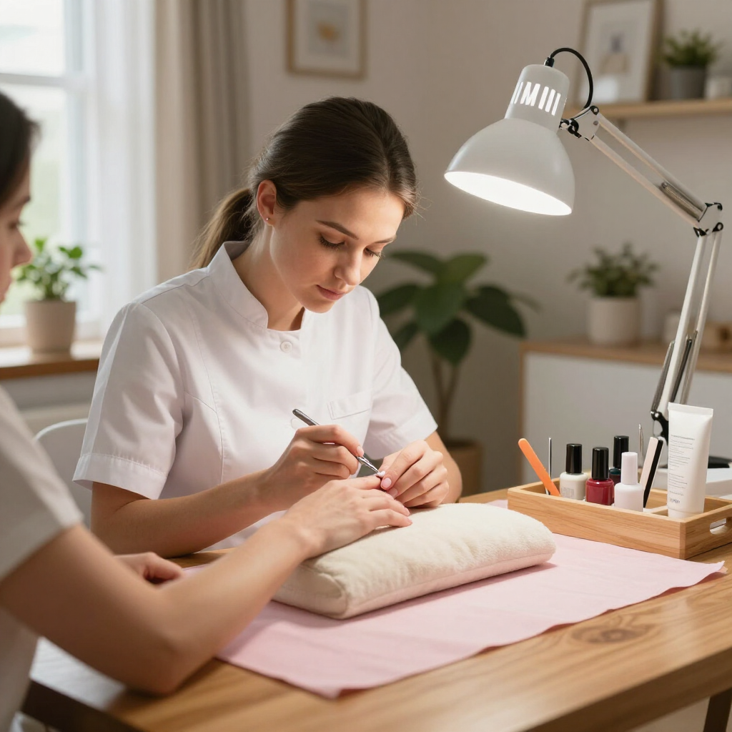 Nail technician filing a client's nails at a desk lamp-lit manicure station