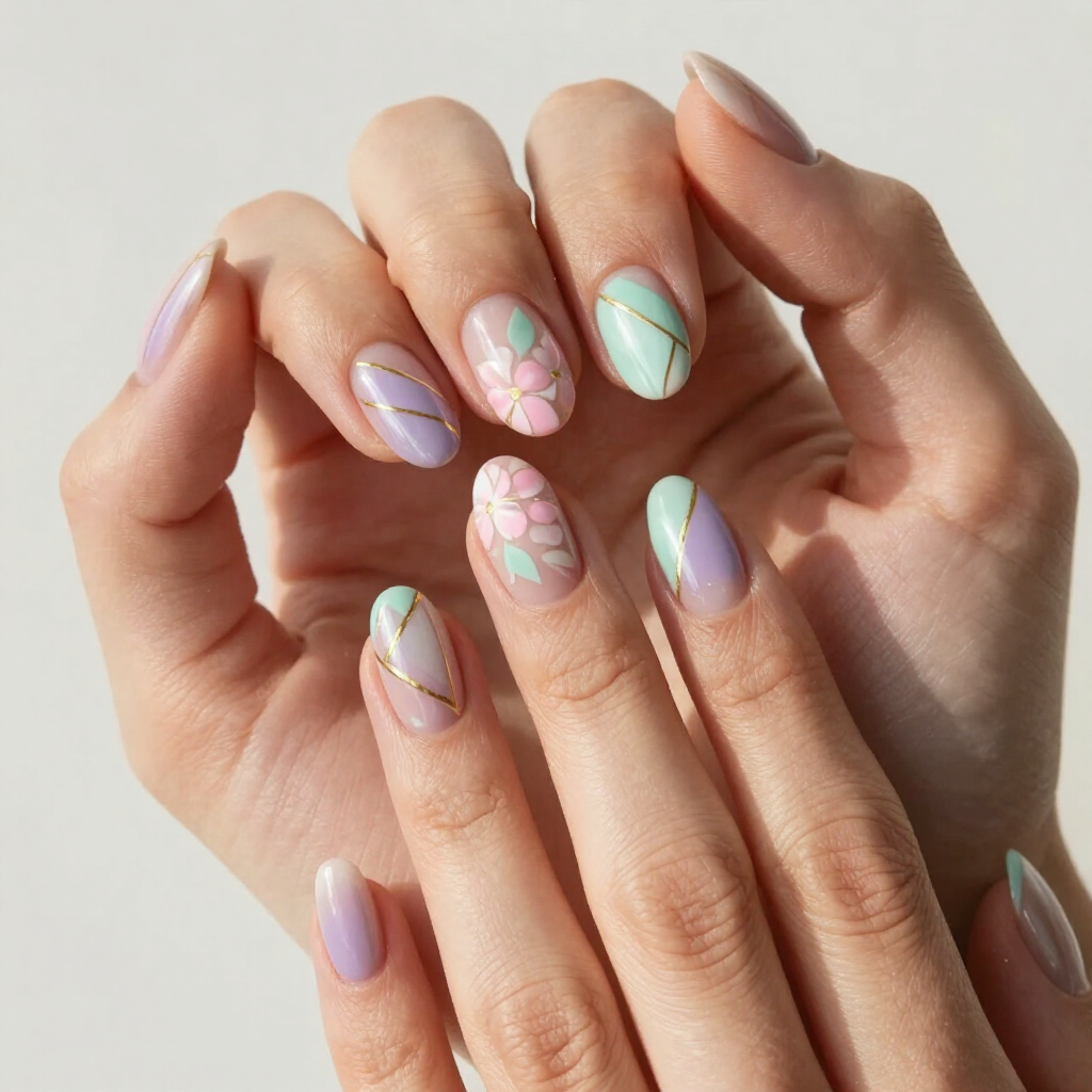 Hands showing pastel lavender and mint floral nail art on a light background