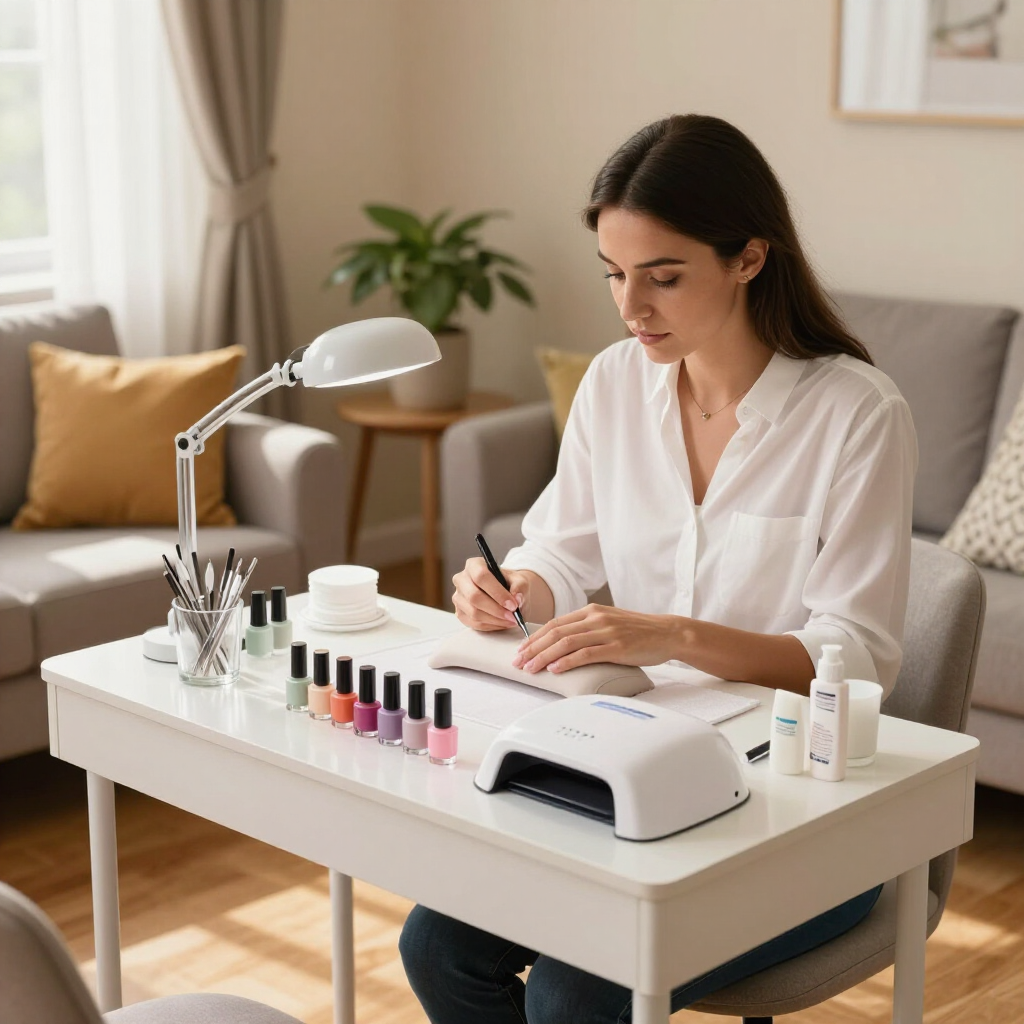 Woman painting nails at a manicure table in a bright living room, with polish bottles and a nail lamp.