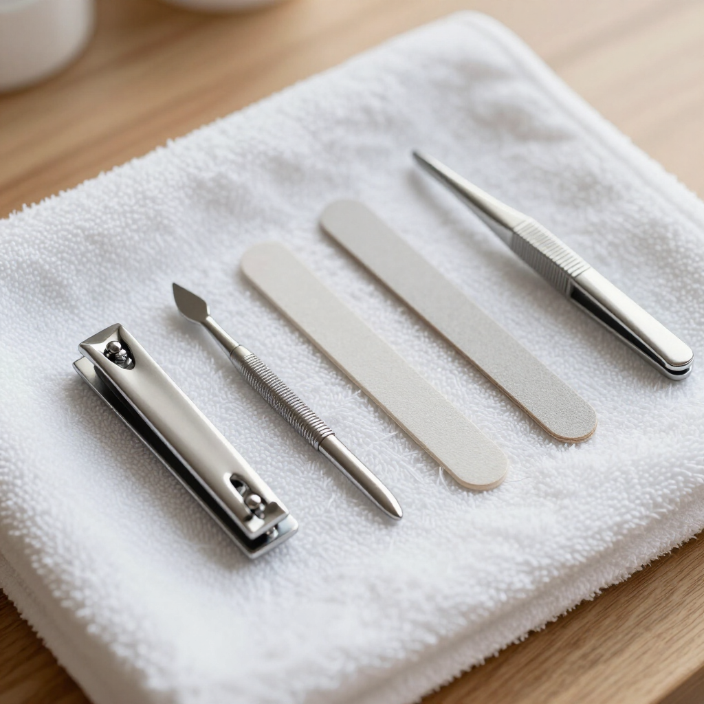 Nail care tools and files arranged on a white towel