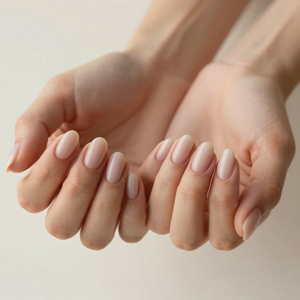 Two hands with pale pink manicured nails held together against a soft beige background