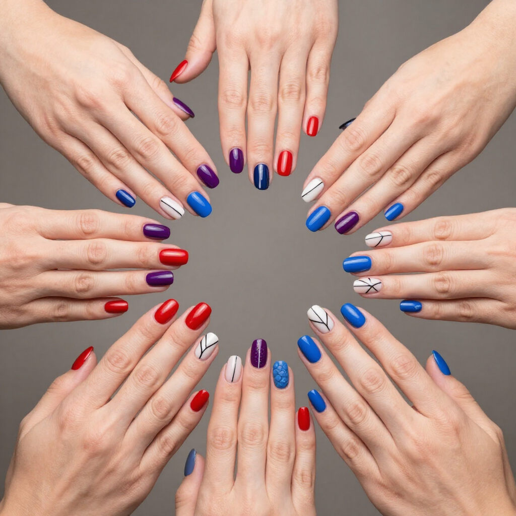 Hands with colorful red, blue, and purple manicured nails arranged in a circle on a gray background