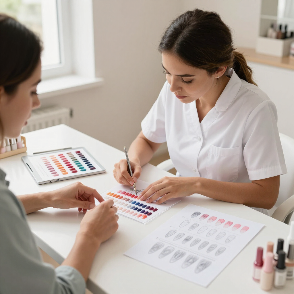 Two people compare color swatches at a white table in a bright salon.