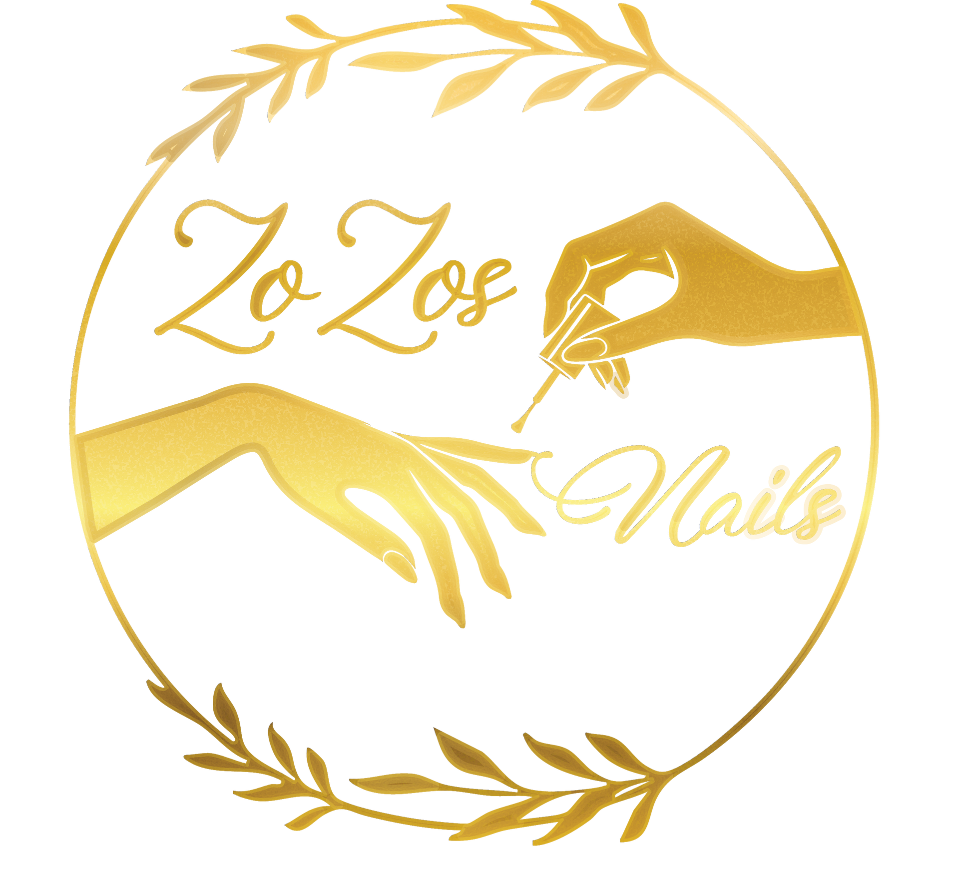 Gold Zo Zoe Nails logo with two hands and a circular leaf wreath