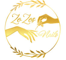 Gold Zo Zoe Nails logo with two hands and a circular leaf wreath