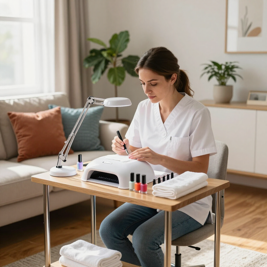 Woman doing a manicure at a nail table in a bright, cozy room