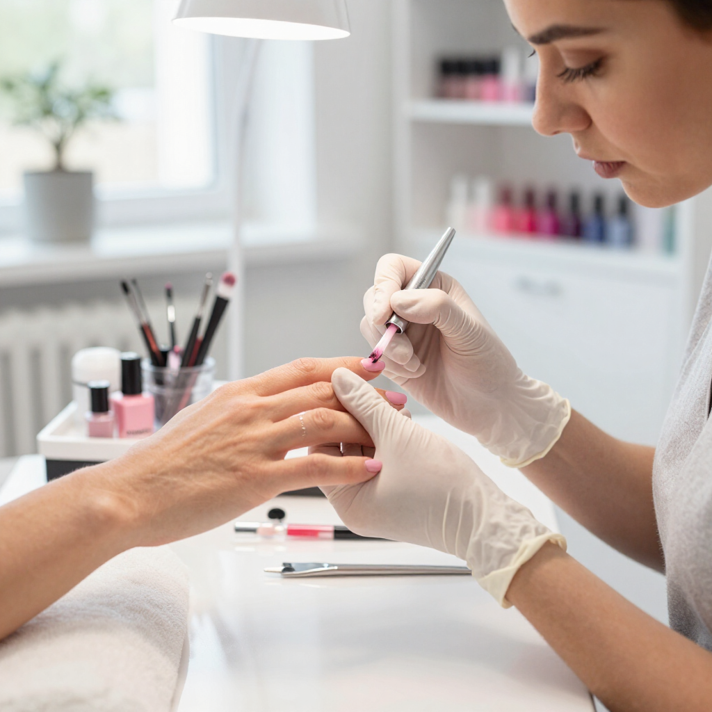 Manicurist applying pink polish to a client's fingernails in a bright salon.