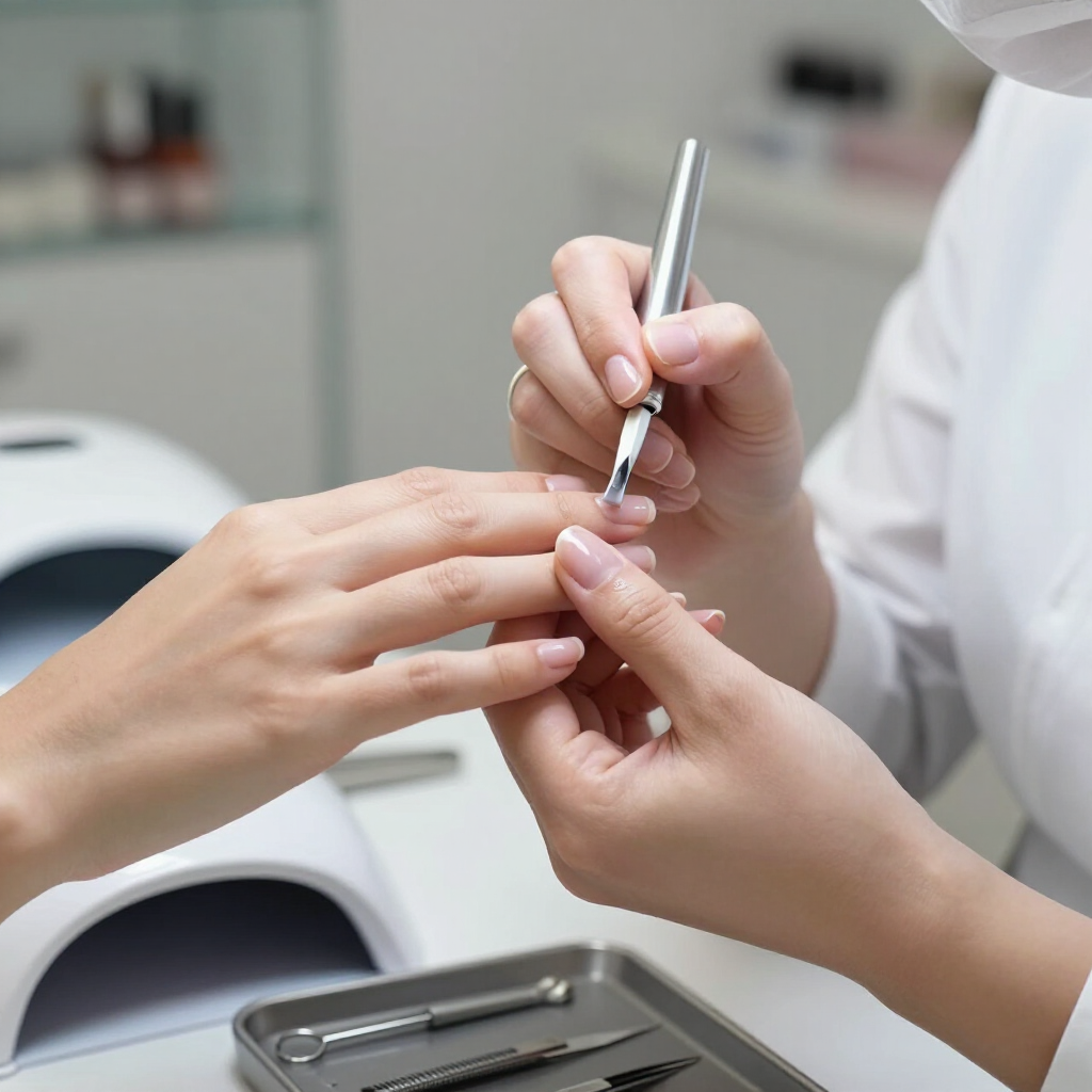 Manicurist applying polish to a client’s fingernails at a salon table