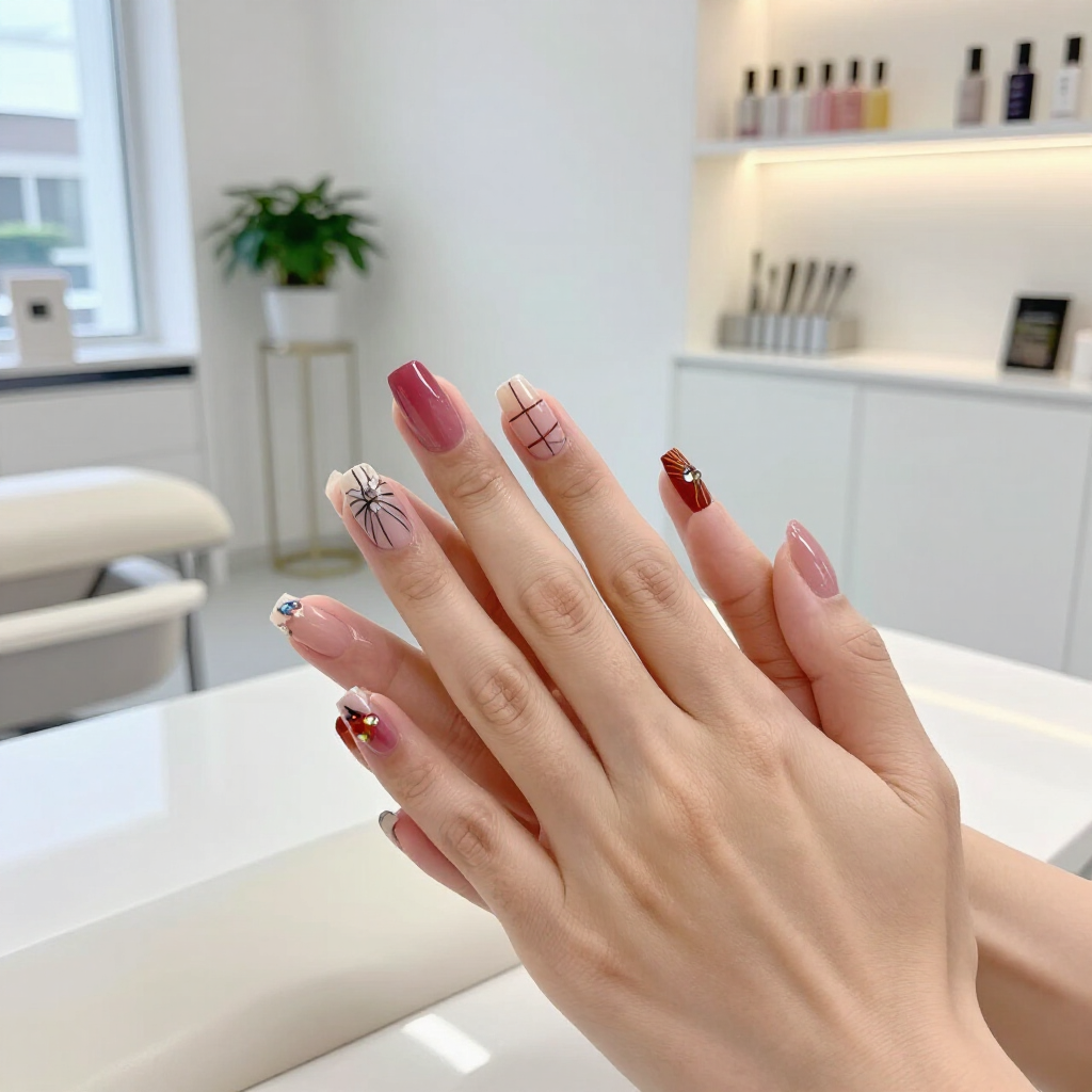 Close-up of hands with pink and gold manicured nails in a bright nail salon