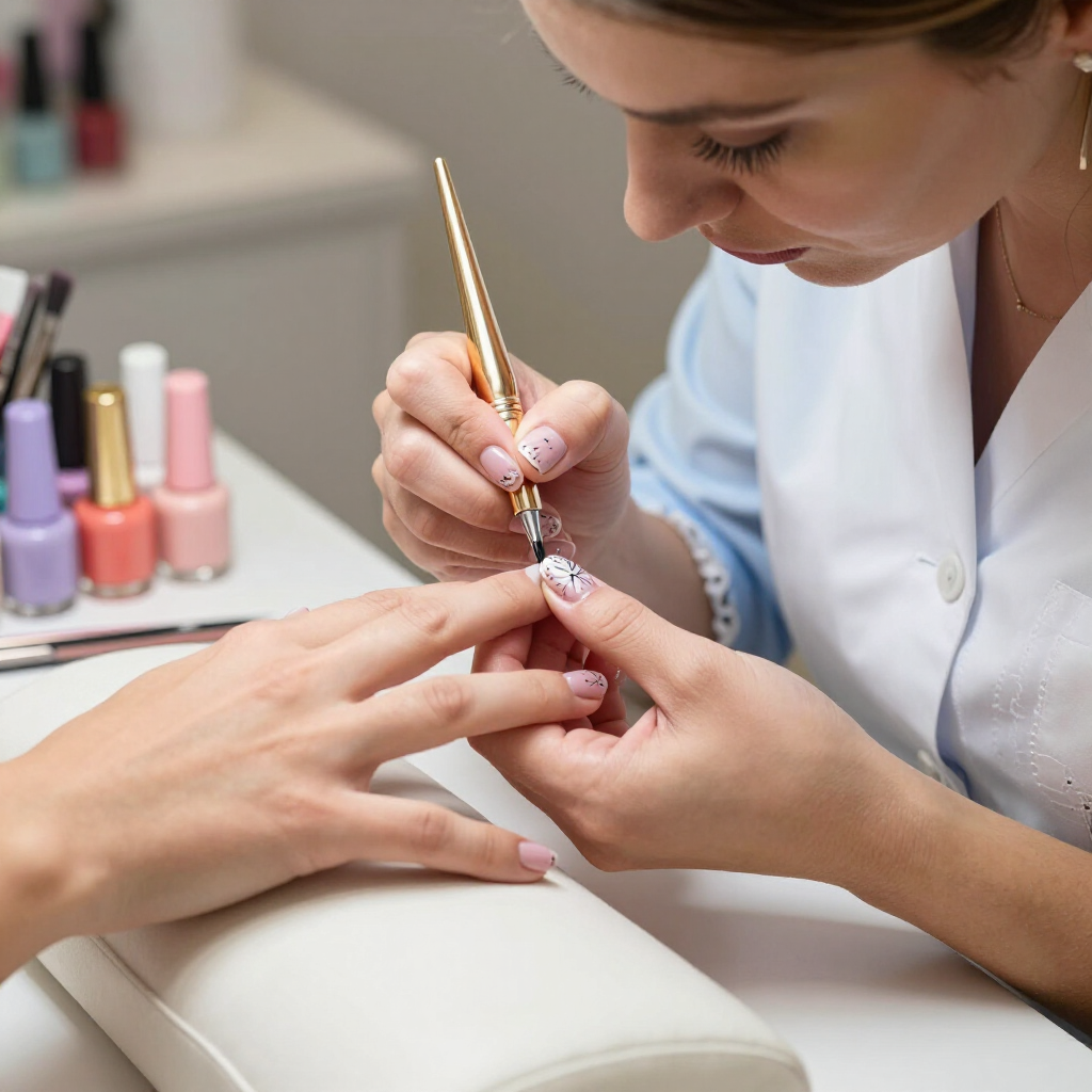 Nail technician painting a client’s nails with pink polish at a salon table