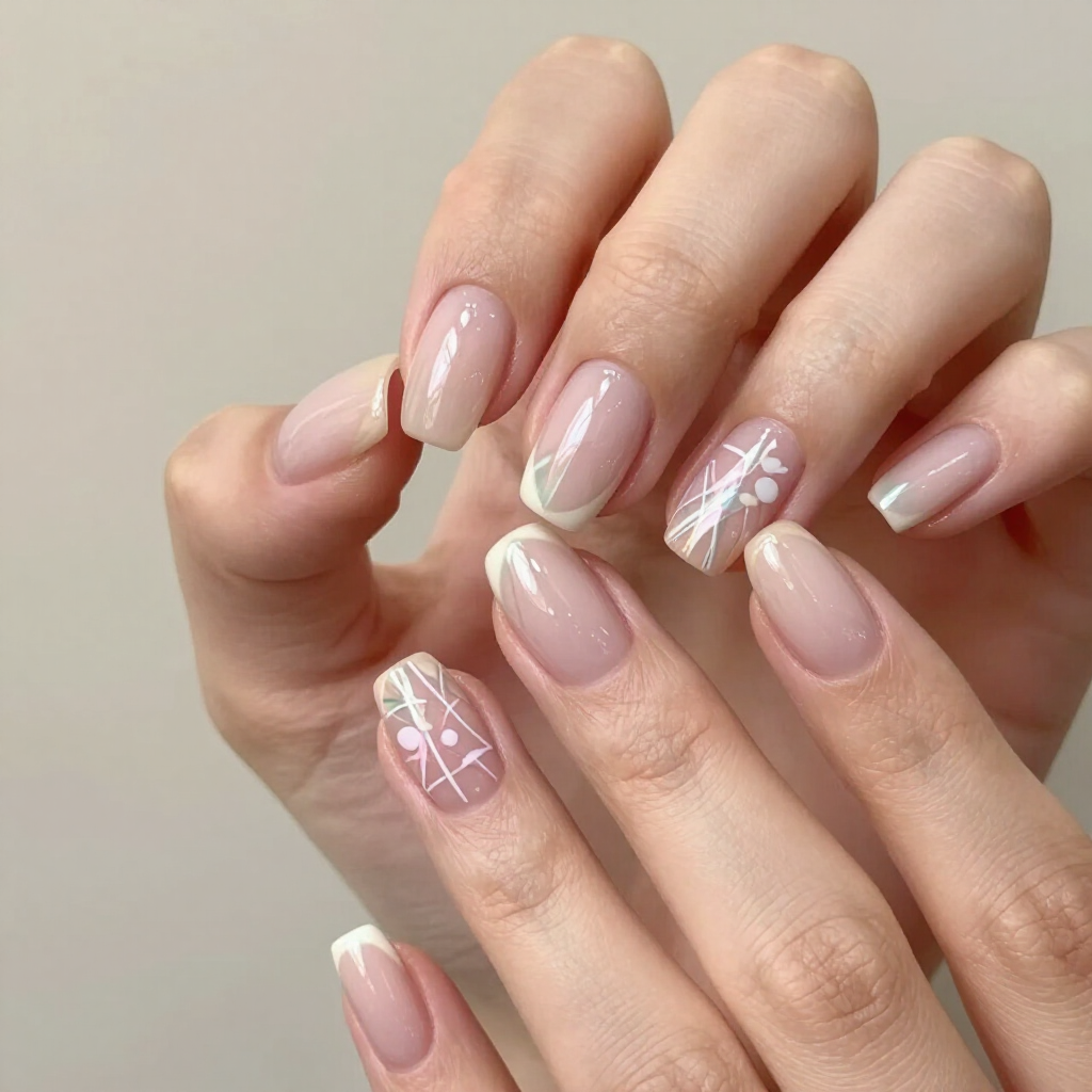 Hands with pale pink almond nails and subtle white starburst nail art on a soft beige background